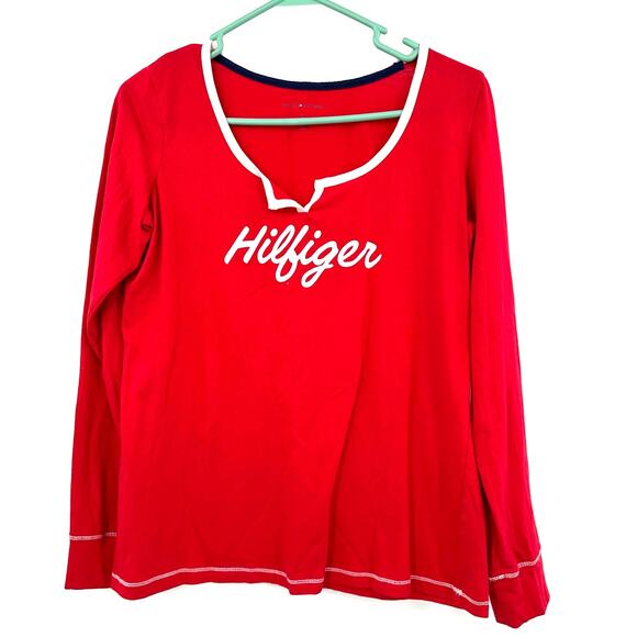 Tommy Hilfiger Size Medium Shirt Red Long Sleeve Casual Baseball Sports Preppy - Picture 1 of 4